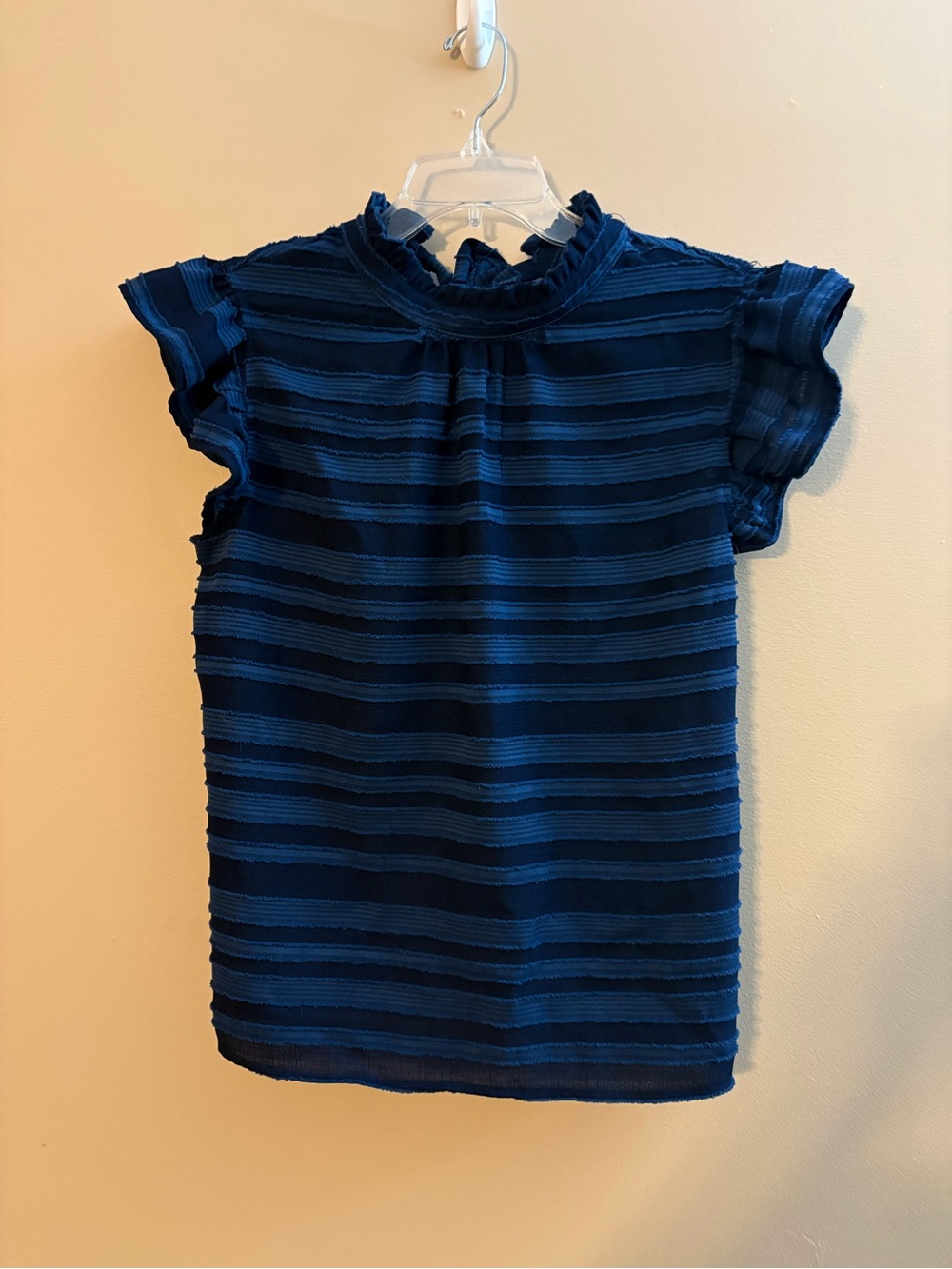 Ruffled Mock Neck Striped Flutter Sleeve Top - Navy